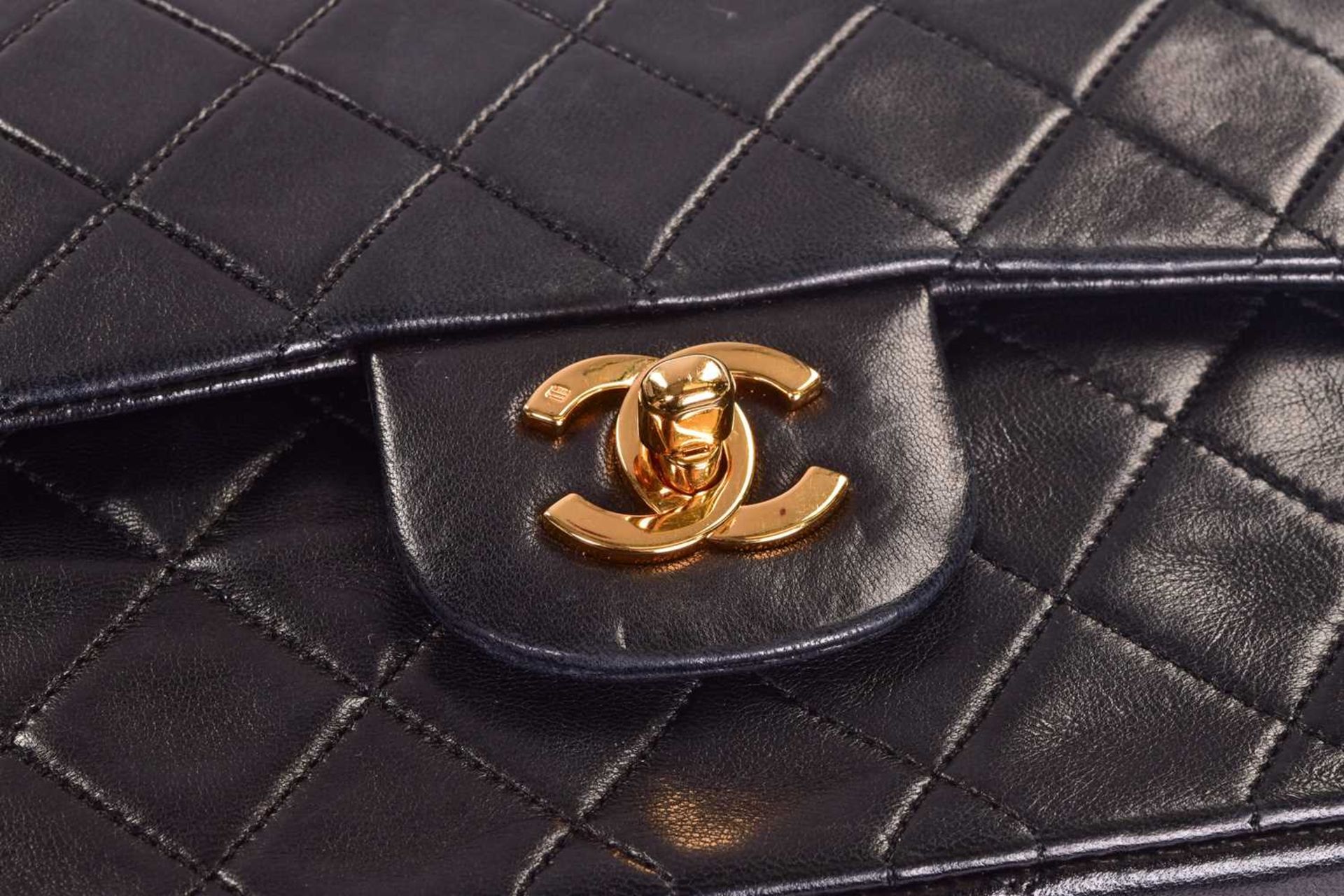 Chanel - a small double flap handbag in black lambskin, circa 1989, diamond-quilt rectangular body - Image 8 of 11