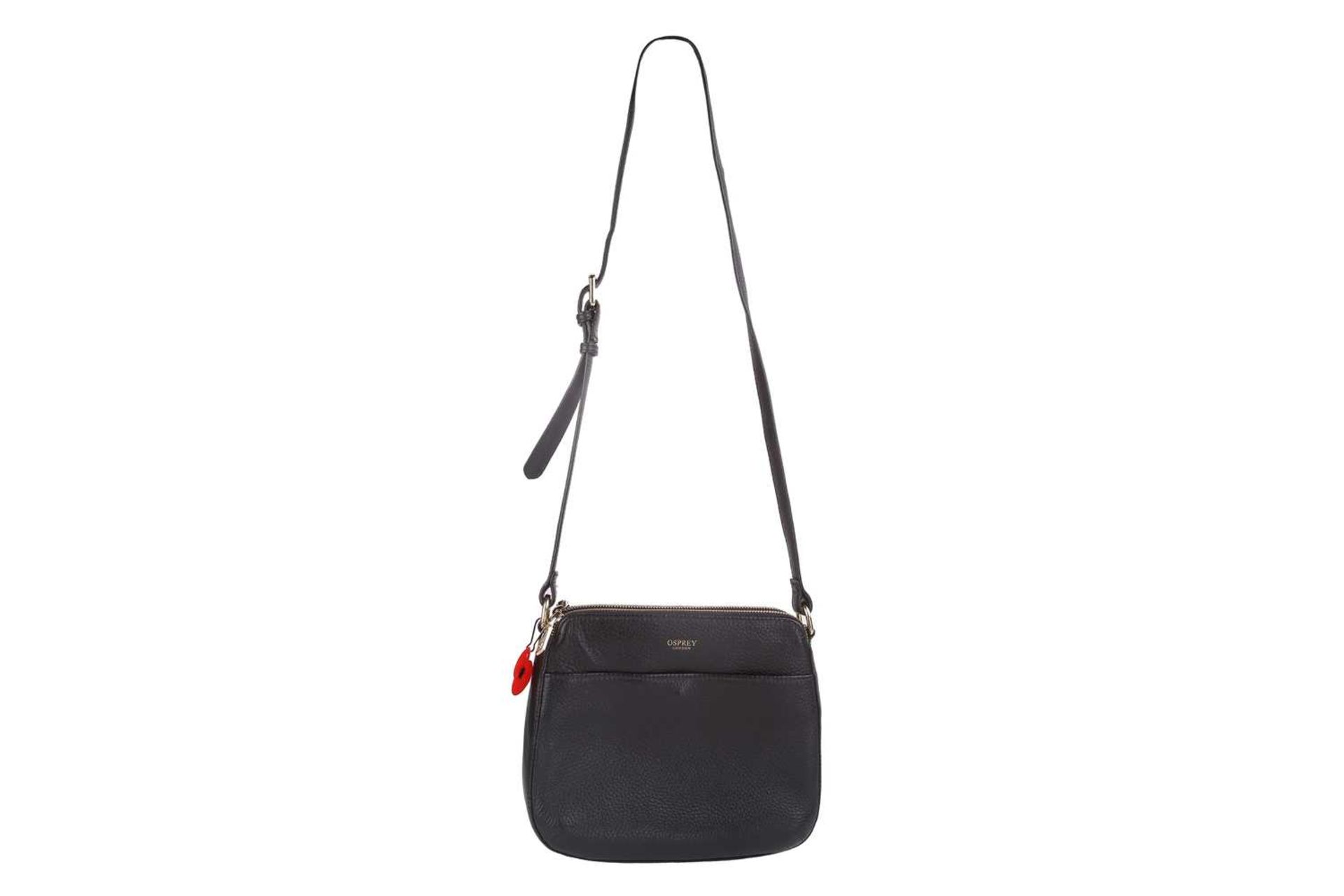 Two Osprey crossbody bags in black leather; one with top zip closure, adjustable crossbody strap, - Image 9 of 12