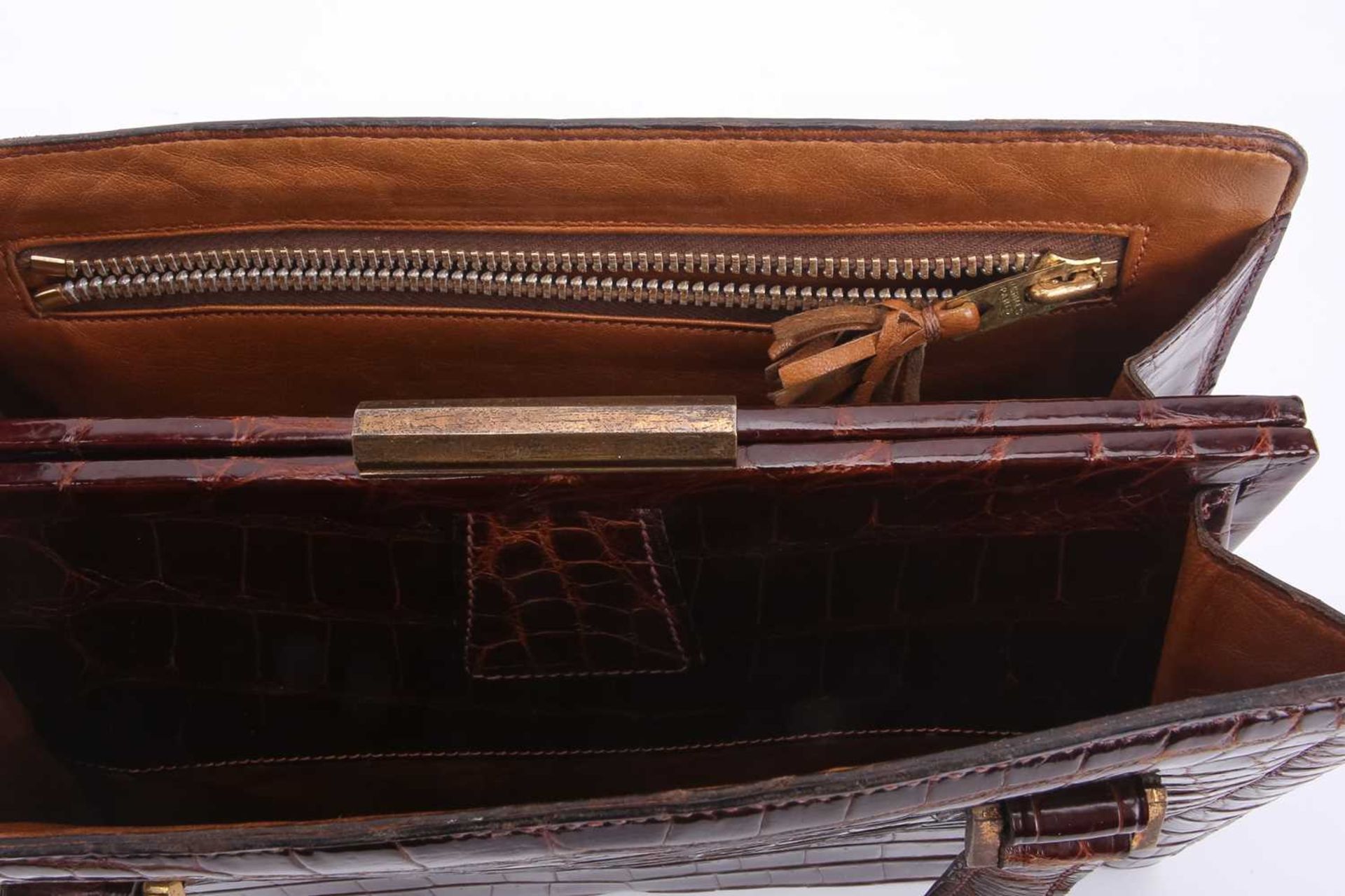 Hermès - a 'Pullman' handbag in brown crocodile skin, circa late 1930, a leather-lined structured - Image 8 of 12