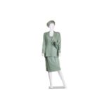 Bruce Oldfield - a three piece suit in pale green linen mix comprising a jacket with single button