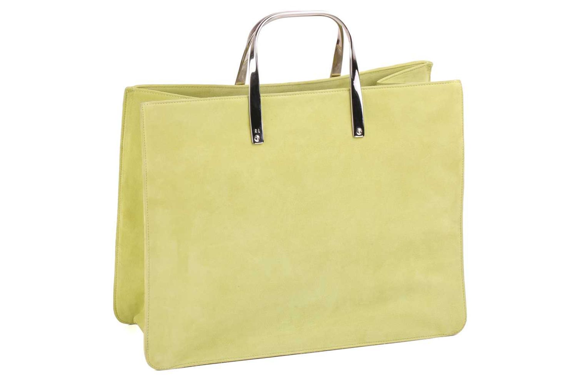 A Ralph Lauren lime green suede tote bag, rectangular body with silver-tone metal top handles.