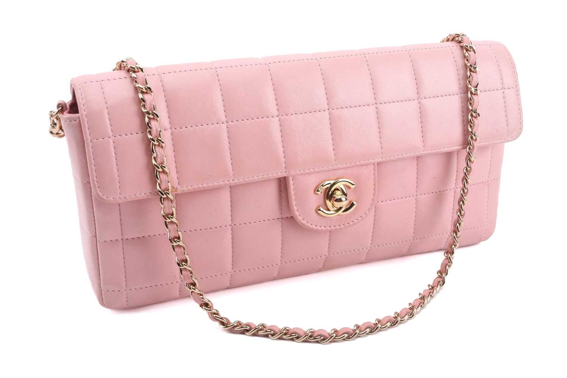 Chanel - an East West Chocolate Bar bag in baby pink lambskin leather, elongated rectangular body