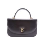 Launer - a small cross-body flap bag in black leather, magnetic snap open to reveal a suede-lined