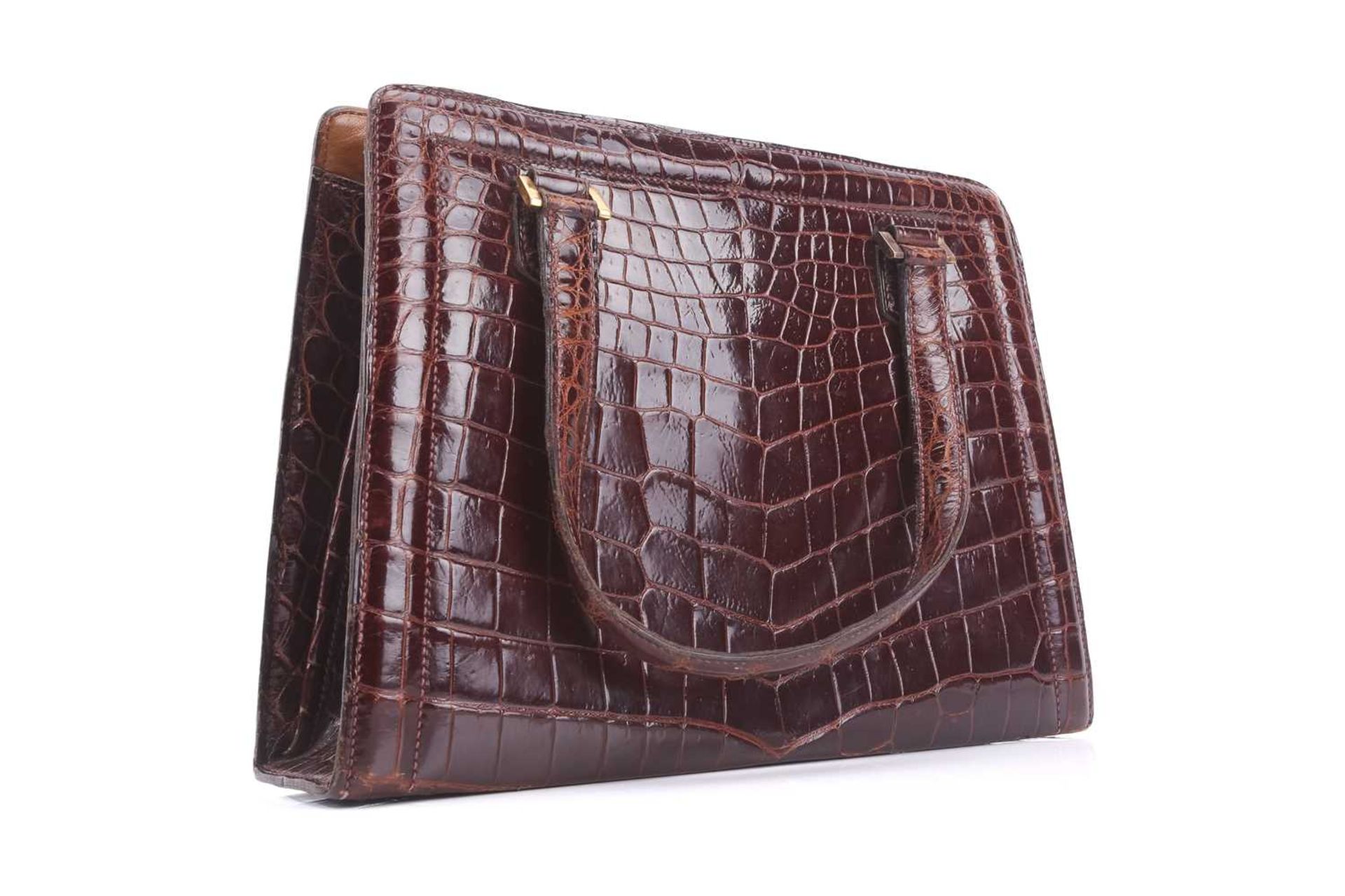 Hermès - a 'Pullman' handbag in brown crocodile skin, circa late 1930, a leather-lined structured - Image 3 of 12