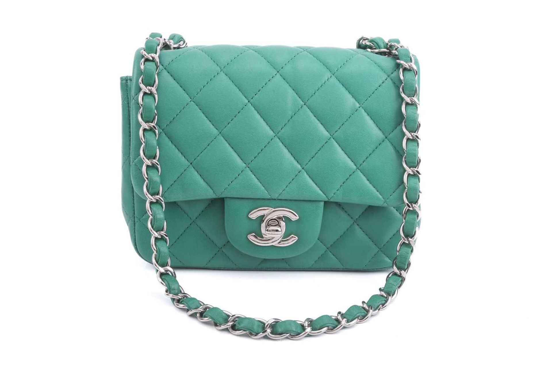 Chanel - a mini flap bag in green diamond-quilted lambskin leather, circa 2016, square body with - Image 7 of 12