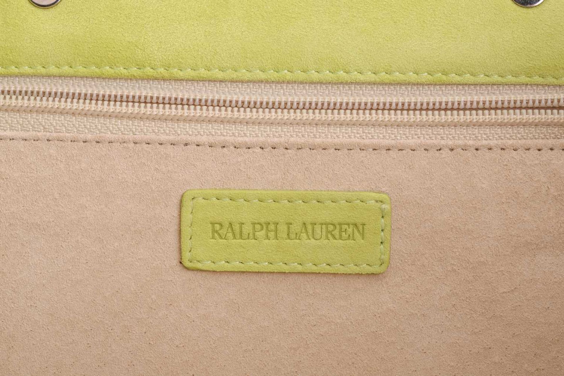 A Ralph Lauren lime green suede tote bag, rectangular body with silver-tone metal top handles. - Image 7 of 8