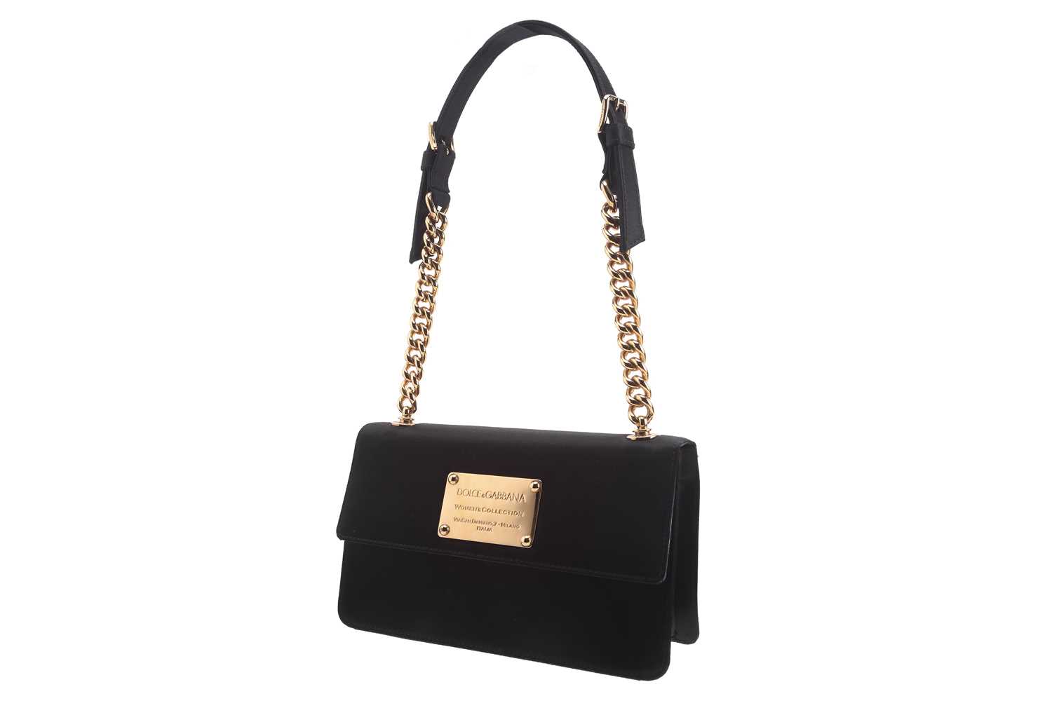 Dolce & Gabbana - 'Miss Belle' shoulder flap bag in black satin, with leather trims and pink satin