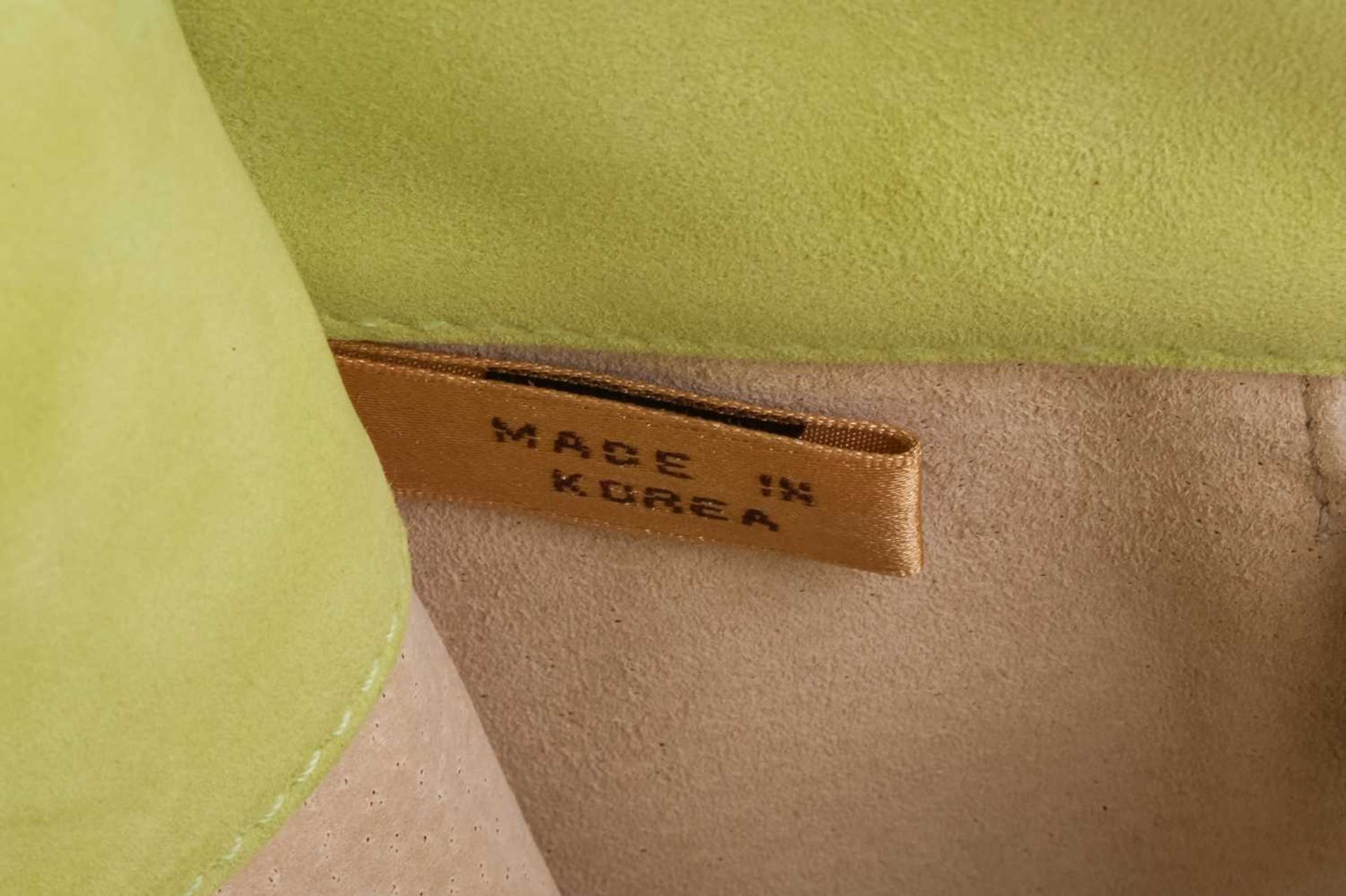 A Ralph Lauren lime green suede tote bag, rectangular body with silver-tone metal top handles. - Image 8 of 8
