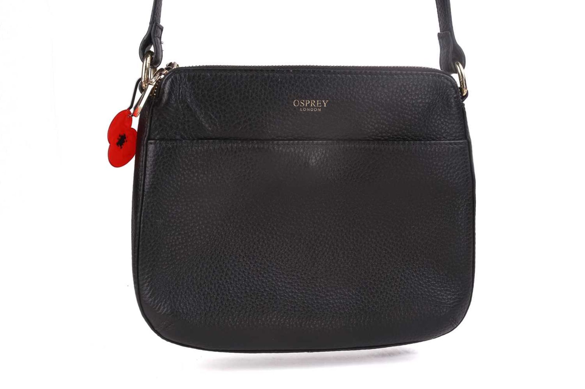 Two Osprey crossbody bags in black leather; one with top zip closure, adjustable crossbody strap, - Image 7 of 12