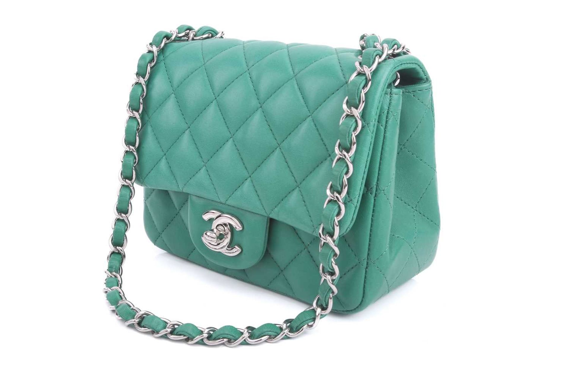 Chanel - a mini flap bag in green diamond-quilted lambskin leather, circa 2016, square body with - Image 9 of 12