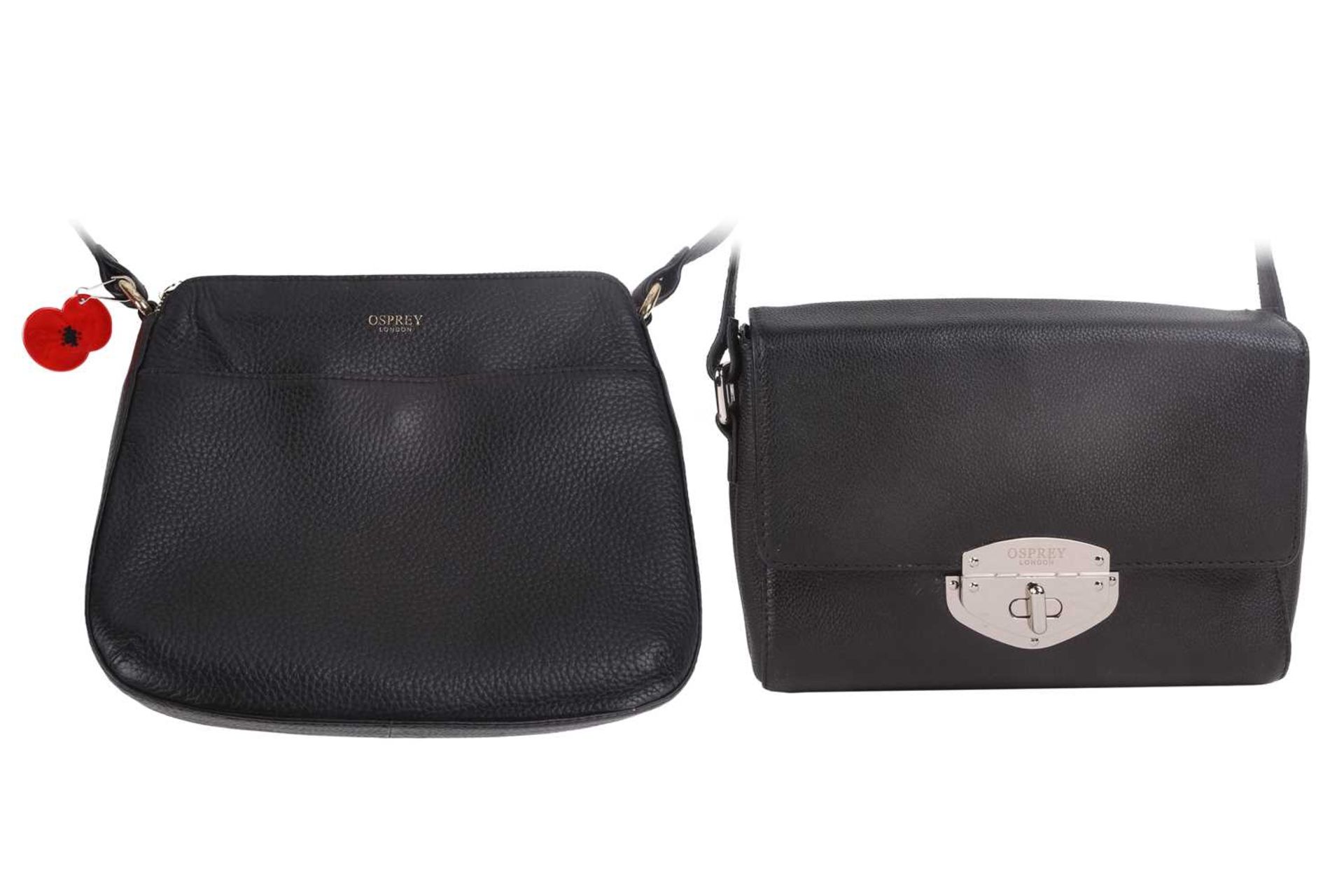 Two Osprey crossbody bags in black leather; one with top zip closure, adjustable crossbody strap, - Image 2 of 12