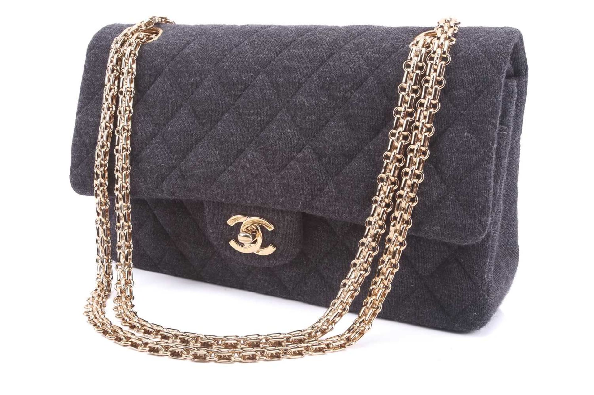 Chanel - a classic double flap bag in charcoal grey jersey fabric, circa 2002, rectangular body with - Image 12 of 14