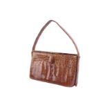 A Waldybag top handle in cognac brown crocodile skin, circa the 1950s, framed body open to reveal