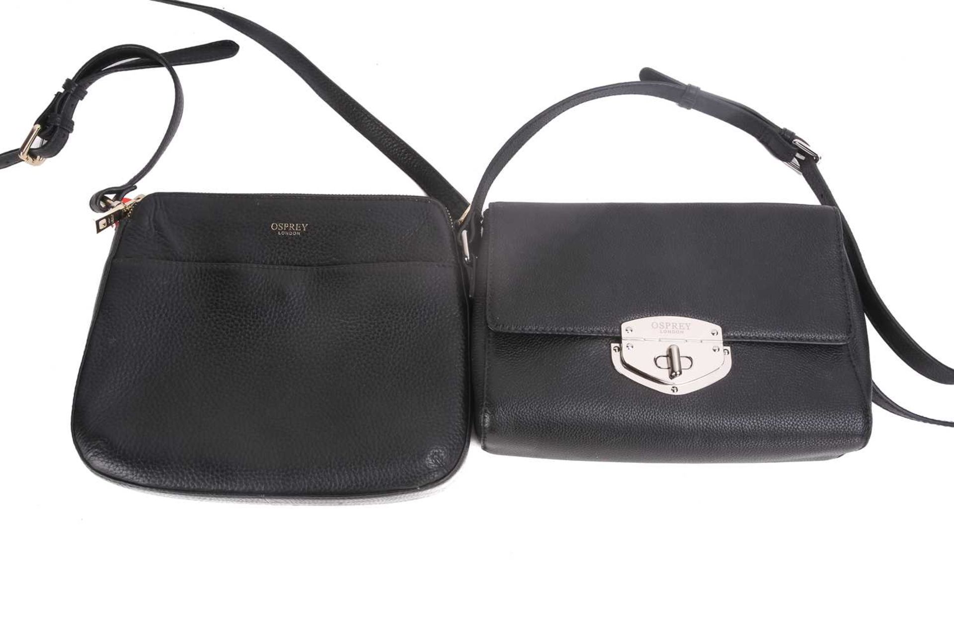 Two Osprey crossbody bags in black leather; one with top zip closure, adjustable crossbody strap,