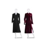Two evening coats comprising a Glenny black three quarter length fitted wool coat with braided