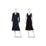 Bruce Oldfield - two midi-length dresses and a shawl; the first is a long-sleeved dress coat in