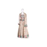 A bandeau dress and matching shawl set in raw silk, of floral design, the dress with strapless