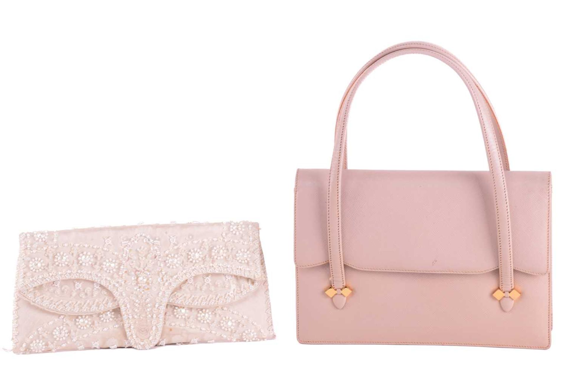 A Gucci handbag and a beaded envelope clutch, circa late 1960; the rectangular handbag in dusty pink