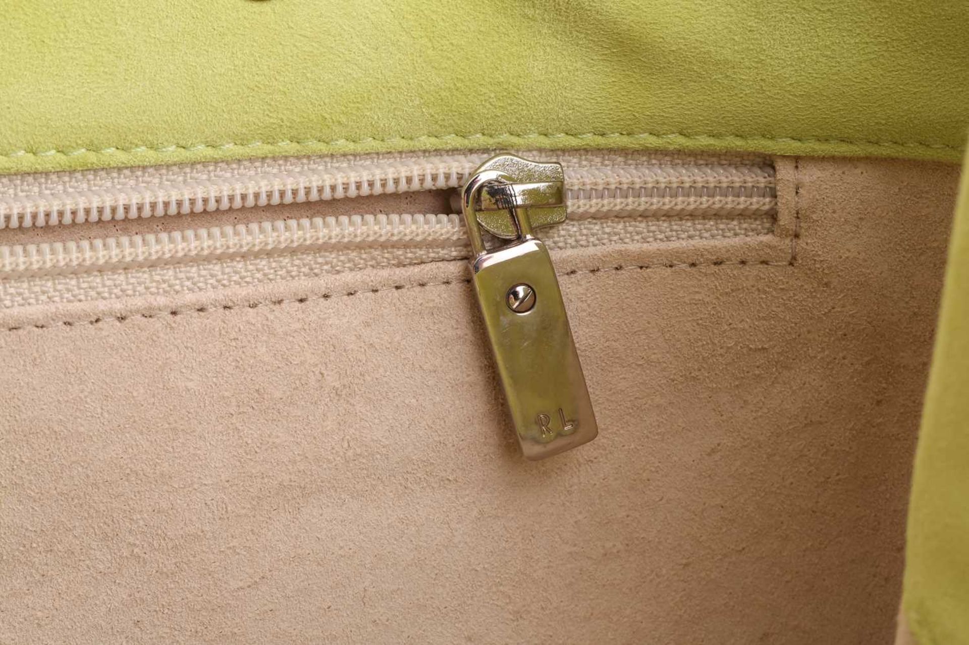 A Ralph Lauren lime green suede tote bag, rectangular body with silver-tone metal top handles. - Image 6 of 8