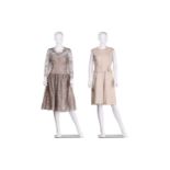 A Bellville et Cie brocade sleeveless dress in cream colour, belt design with pockets, knee-