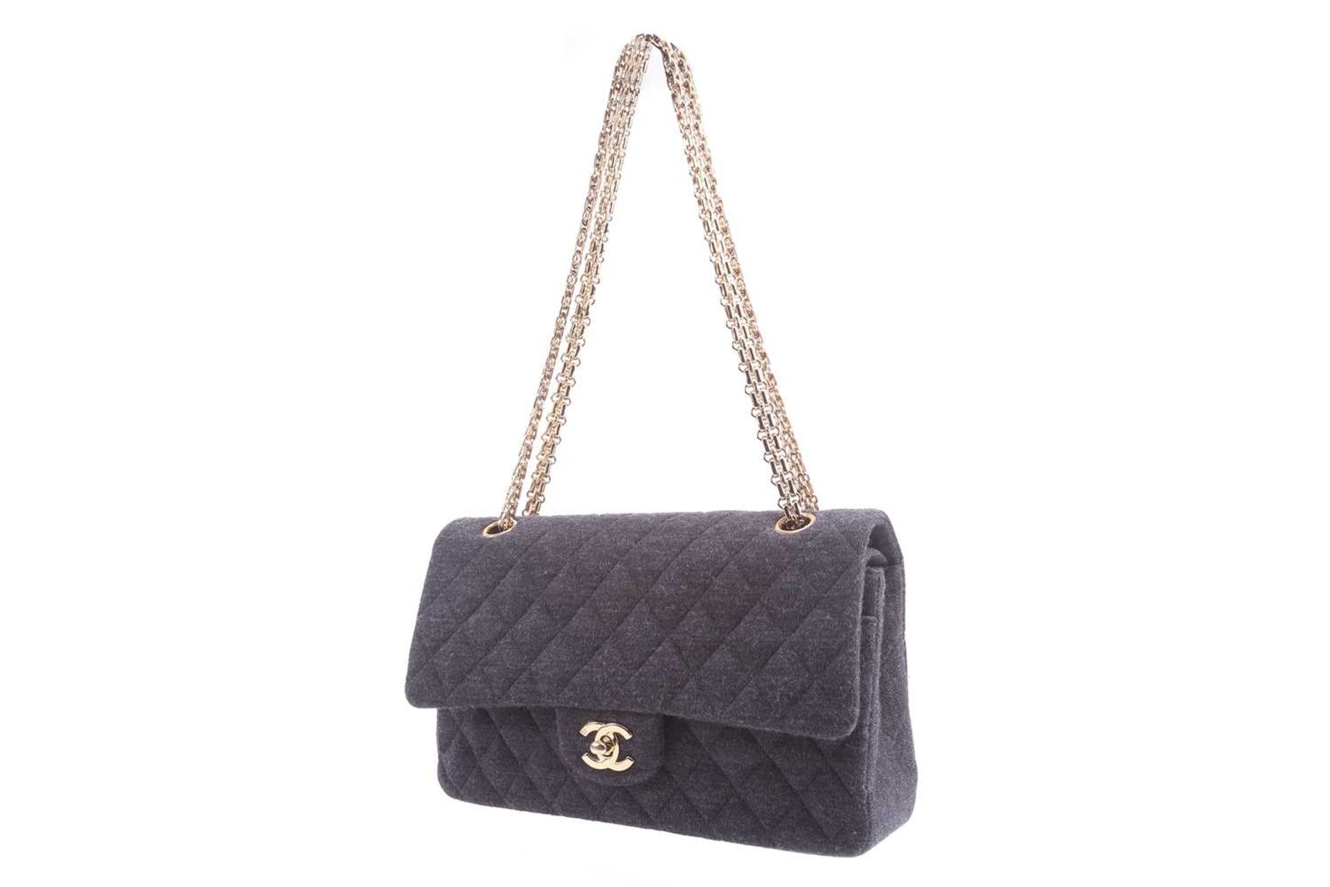 Chanel - a classic double flap bag in charcoal grey jersey fabric, circa 2002, rectangular body with - Image 3 of 14