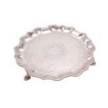 George II style silver waiter, London 1904 by Charles Stuart Harris, pie crust border with