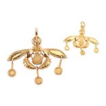 Two replicas of the 'Malia Pendant', designed as two bees flanking a pollen sphere, suspending three