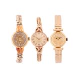 A selection of three ladies dress gold cased watches, featuring A Buren hand-wound mechanical