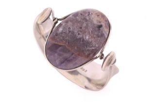 Georg Jensen - 'Arm Ring' with amethyst, a tension clamp opening bangle with an oval panel of an
