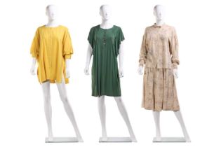 Jean Muir - Three dresses circa 1970s; a lemon yellow button-down tunic top with scarf, puffy