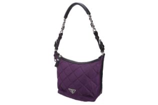 Prada - a small hobo bag in plum quilted Tessuto nylon, zip closure and logo jacquard textile