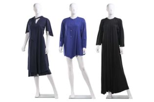 Jean Muir - a group of garments circa 1970s; consisting of a navy wool wrap dress with pleated