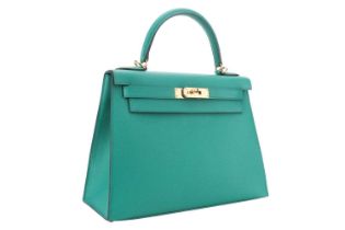Hermès - a Kelly Sellier 28 in Vert Jade Epsom leather, 2021, tapered structured body with gold-tone
