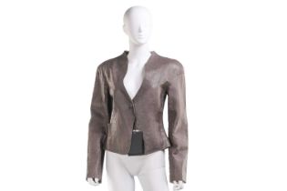 Giorgio Armani - a lapelless blazer in taupe embossed lambskin leather, circa 2010, crocodile skin