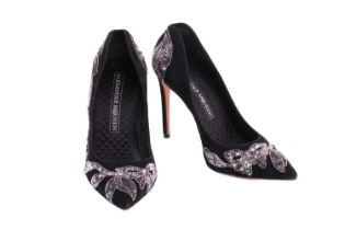 Alexander McQueen - a pair of pointed-toe high heels in black suede with silver sequin embroidery