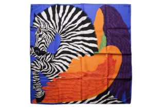 Hermès - 'Zebra Pegasus' silk square scarf in Klein blue, violet and orange, designed by Alice