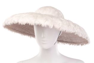 A grey feather wide brim cartwheel hat by Rachel Trevor Morgan, labelled and cased in original box.