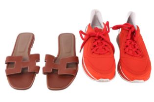 Hermès - a pair of tri-coloured Miles sneakers and a pair of Oran sandals; the Miles sneakers are in