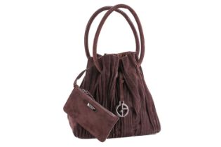 Giorgio Armani - a pleated bucket bag in brown suede, with rounded top handles, a logo charm and a