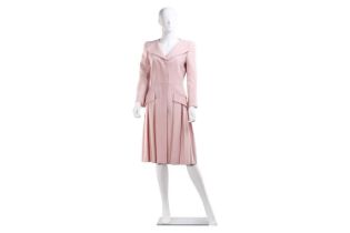 Alexander McQueen - a pleated open-neck coat dress in blush pink wool-silk blend, circa 2016, with