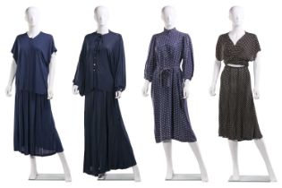 Jean Muir - a group of four garment ensembles circa 1980s; including a navy blue stand-collar