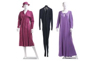 Jean Muir - two dresses and a jumpsuit circa 1970s; including a magenta suede midi dress with iconic