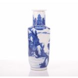 A Chinese blue and white porcelain rouleau form vase, early 20th century, the neck painted with
