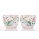 A pair of Chinese Famile Rose porcelain cache pots, 20th century, painted with pairs of birds and