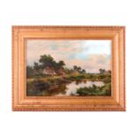 Manner of Benjamin Williams Leader (1831- 1923), Thatched cottages by a pond, unsigned, oil on