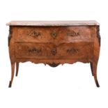 A Louis XV and later marbled topped serpentine bombe commode, with marquetry inlaid kingwood