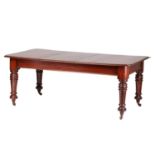 A late Victorian rectangular library/dining table, with thumb moulded edge supported on bold