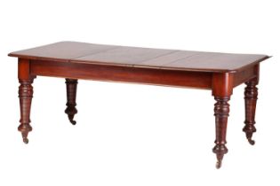 A late Victorian rectangular library/dining table, with thumb moulded edge supported on bold