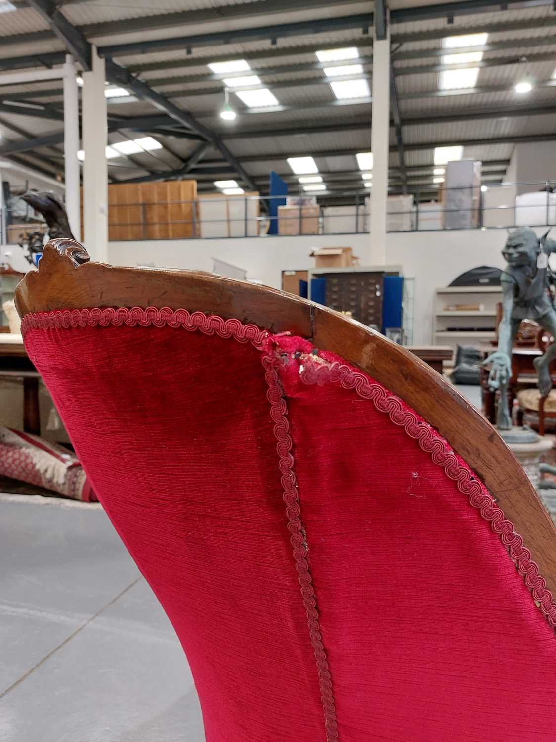 A Victorian walnut framed double chair backed settee with carved and moulded outline with crimson - Image 15 of 16