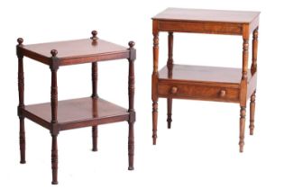 A George IV mahogany two tier what not with a single drawer, on spindle supports, 59 cm wide x 41 cm